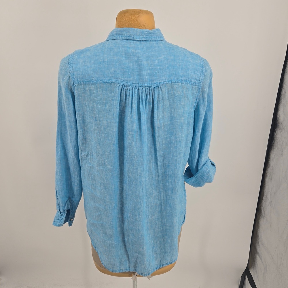 Sigrid Olsen Button Up Top Women Large Blue Linen Roll Tab Casual Summer Blouse - Picture 4 of 9